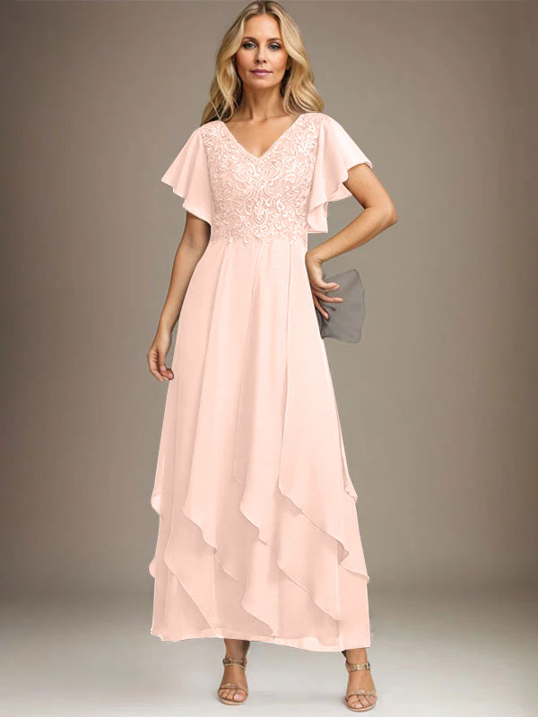 Vestido de gasa con encaje y escote en V hasta los tobillos para madre de la novia con volantes en cascada