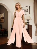 Vestido de noche de gasa con escote en V y largo hasta el suelo, tipo mono/pantalón