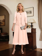 Vestido de gasa con encaje y lentejuelas para madre de la novia, corte A, escote redondo y largo hasta la rodilla
