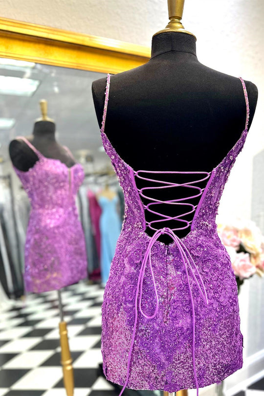 Sheath Spaghetti Straps Sequined Lace Homecoming Dress