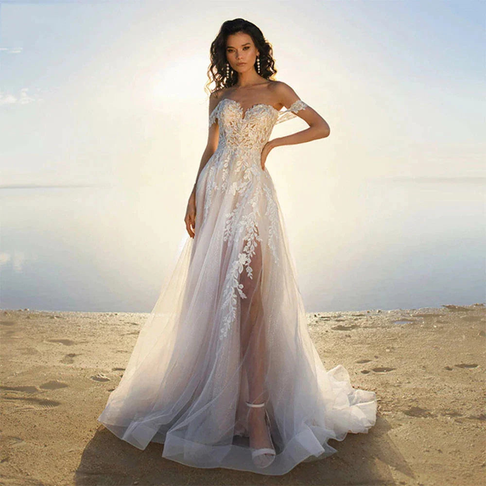 Bohemia Off Shoulder Wedding Dresses Women's Elegant Sleeveless Retro Sweet Lace Decal A-Line Backless Bridal Gowns Vestidos De-payinti