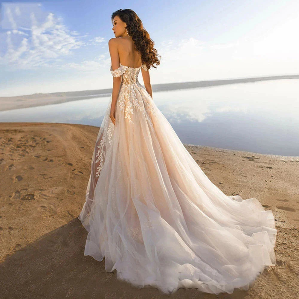 Bohemia Off Shoulder Wedding Dresses Women's Elegant Sleeveless Retro Sweet Lace Decal A-Line Backless Bridal Gowns Vestidos De-payinti