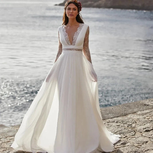 Wedding Dresses A-Line V-Neck Bridal Gowns Long Sleeves Chiffon And Satin Robes For Formal Party 2024 Vestidos De Novia-payinti