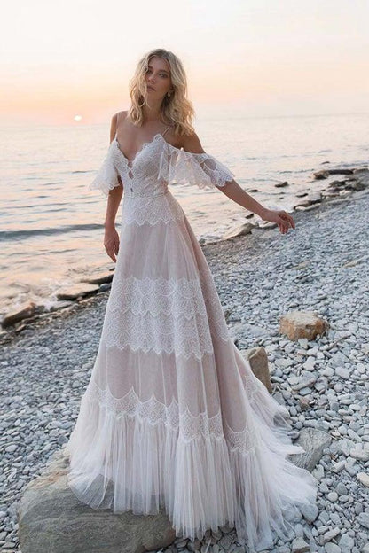 Vestido de novia bohemio con tirantes y hombros descubiertos, de encaje, para playa, WD557