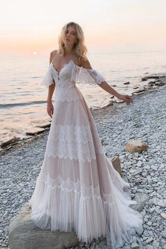 Vestido de novia bohemio con tirantes y hombros descubiertos, de encaje, para playa, WD557