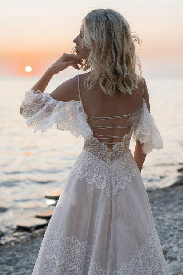 Vestido de novia bohemio con tirantes y hombros descubiertos, de encaje, para playa, WD557