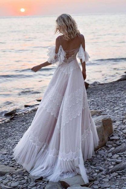 Vestido de novia bohemio con tirantes y hombros descubiertos, de encaje, para playa, WD557