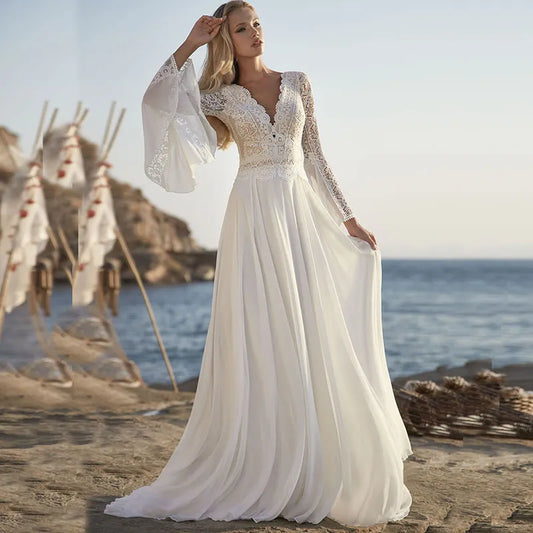 Bohemian A Line Chiffon Wedding Dresses 2024 V Neck Long Sleeve Lace Applique Backless For Women Bridal Gown Vestidos De Novia-payinti