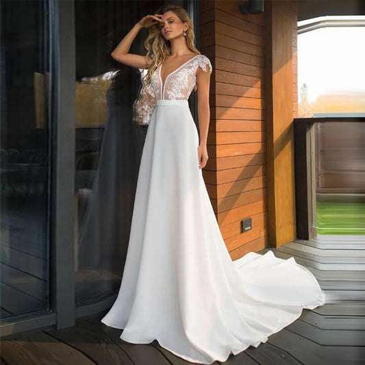 Bohemian Deep V-neck Bridal Dresses 2024 Elegant Lace Sticking Flora Back Chiffon Wedding Gowns De Mariée Customized Robe De-payinti