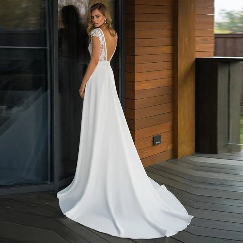 Bohemian Deep V-neck Bridal Dresses 2024 Elegant Lace Sticking Flora Back Chiffon Wedding Gowns De Mariée Customized Robe De-payinti