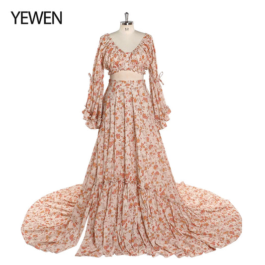 Bohemian Floral Print Two-Piece Cotton Gown Woman Maxi Dress Maternity Dress Photoshoot vestidos SY2025-5