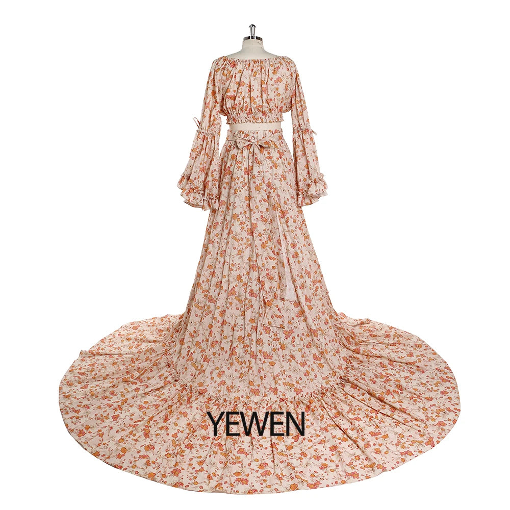 Bohemian Floral Print Two-Piece Cotton Gown Woman Maxi Dress Maternity Dress Photoshoot vestidos SY2025-5