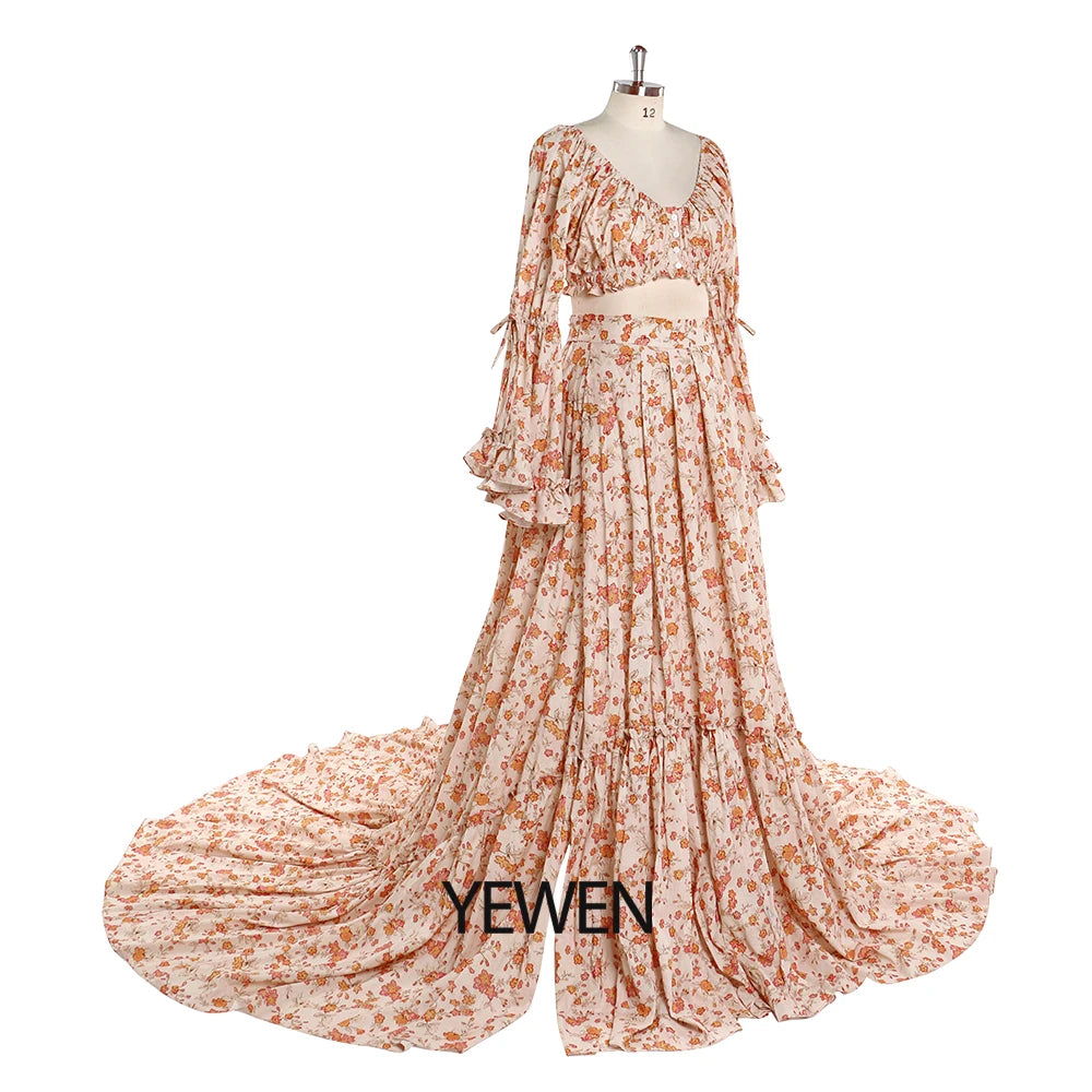 Bohemian Floral Print Two-Piece Cotton Gown Woman Maxi Dress Maternity Dress Photoshoot vestidos SY2025-5