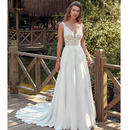 Bohemian Sexy Off Shoulder Sleeveless Beach Mopping Wedding Dresses Lace Appliques V-neck Backless Fascinating Bridal Gowns 2023-payinti