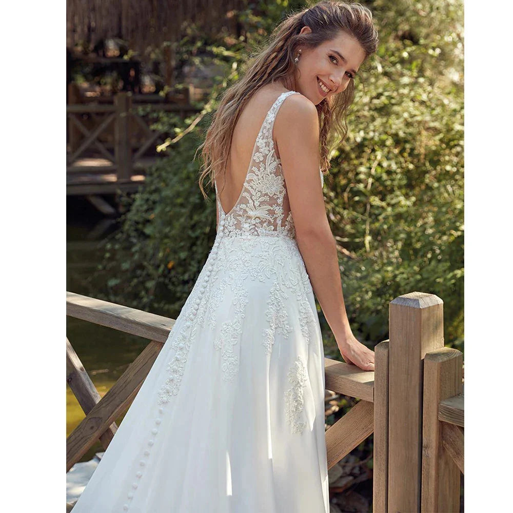 Bohemian Sexy Off Shoulder Sleeveless Beach Mopping Wedding Dresses Lace Appliques V-neck Backless Fascinating Bridal Gowns 2023-payinti
