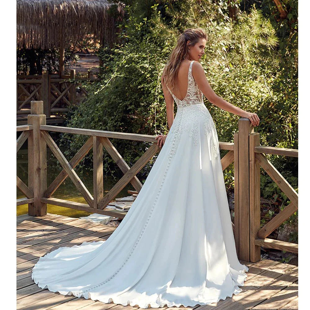 Bohemian Sexy Off Shoulder Sleeveless Beach Mopping Wedding Dresses Lace Appliques V-neck Backless Fascinating Bridal Gowns 2023-payinti