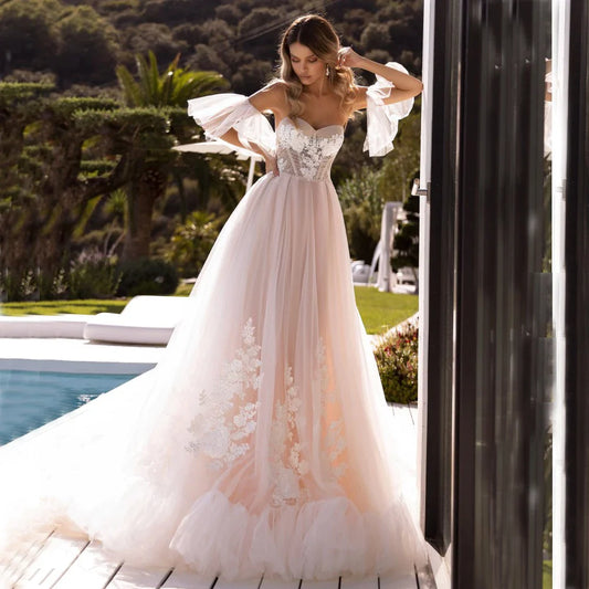 Bohemian Tulle Applique A-Line Wedding Dress With Detachable Sleeves Bridal Gownes Elegant Women's Formal Wedding Dresse Vestido-payinti