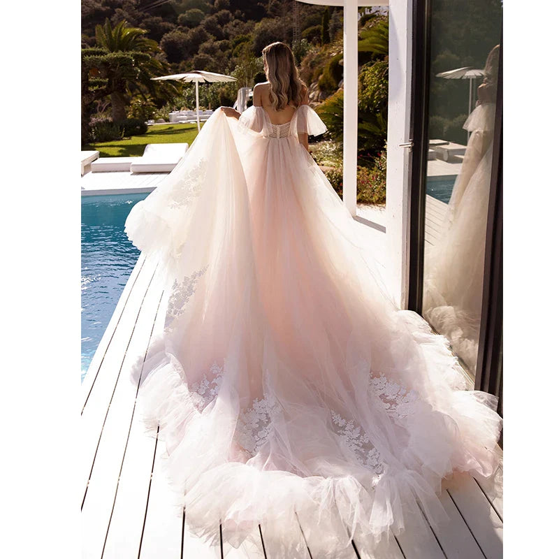 Bohemian Tulle Applique A-Line Wedding Dress With Detachable Sleeves Bridal Gownes Elegant Women's Formal Wedding Dresse Vestido-payinti