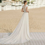 Bohemian V Neck Chiffon Wedding Dresses Short Sleeve Illusion Buttons Back Lace Vestido De Noiva Robe De Mariee-payinti