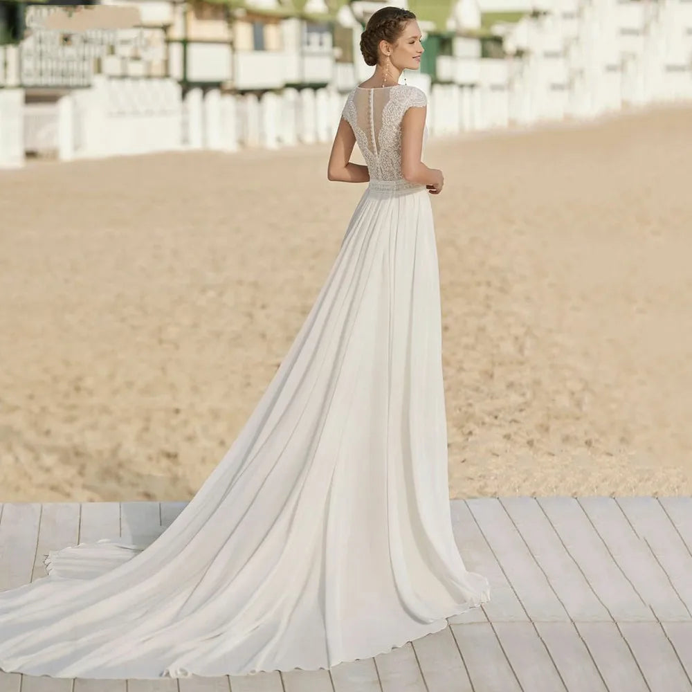 Bohemian V Neck Chiffon Wedding Dresses Short Sleeve Illusion Buttons Back Lace Vestido De Noiva Robe De Mariee-payinti
