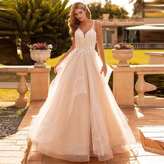Bohemian Wedding Dresses Sexy Women Elegant Sleeveless Bridal Gowns A-Line Tulle Lace Applique Sexy Backless Robe Vestido-payinti
