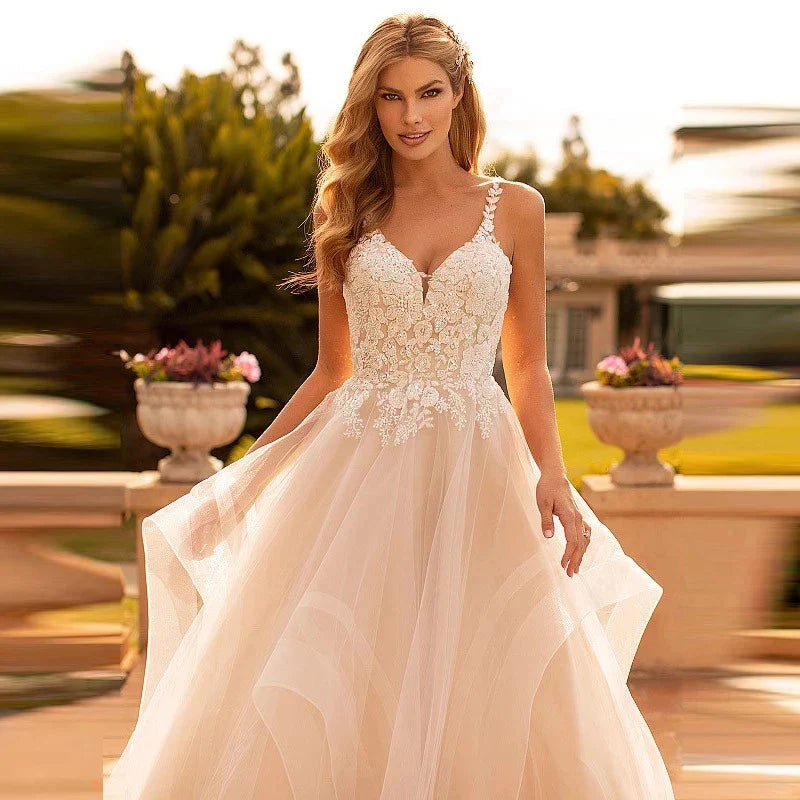 Bohemian Wedding Dresses Sexy Women Elegant Sleeveless Bridal Gowns A-Line Tulle Lace Applique Sexy Backless Robe Vestido-payinti