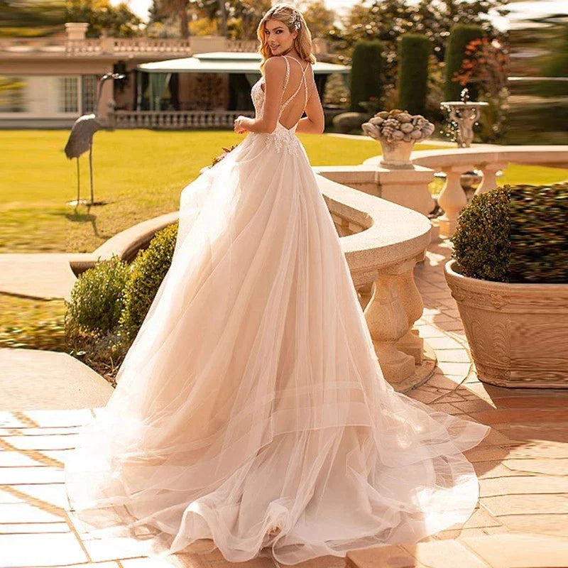 Bohemian Wedding Dresses Sexy Women Elegant Sleeveless Bridal Gowns A-Line Tulle Lace Applique Sexy Backless Robe Vestido-payinti