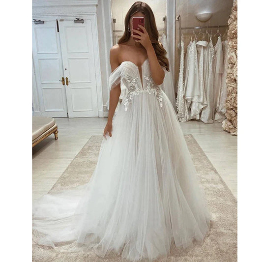 Bohemian Wedding Dresses Sleeveless Shoulder Women Sexy Sweetheart Lace Applique Bridal Gowns Formal Beach Wedding Party Robe De-payinti