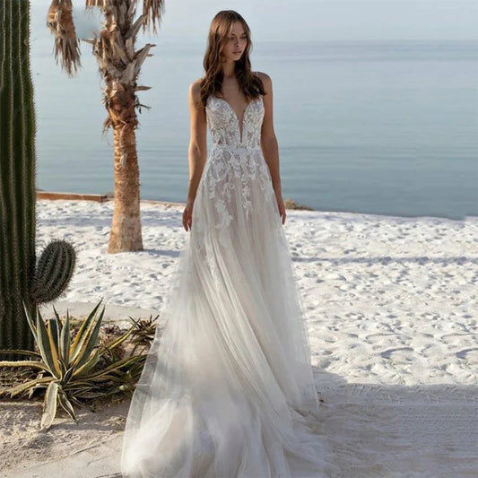 Bohemian Wedding Dresses Women's Sexy Backless Lace Applique Sleeveless V-Neck A-Line Princess Bridal Gowns Formal Beach Party-payinti