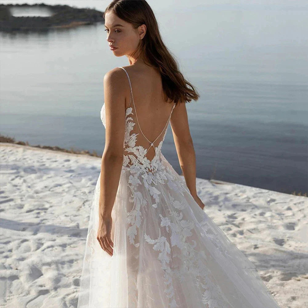 Bohemian Wedding Dresses Women's Sexy Backless Lace Applique Sleeveless V-Neck A-Line Princess Bridal Gowns Formal Beach Party-payinti