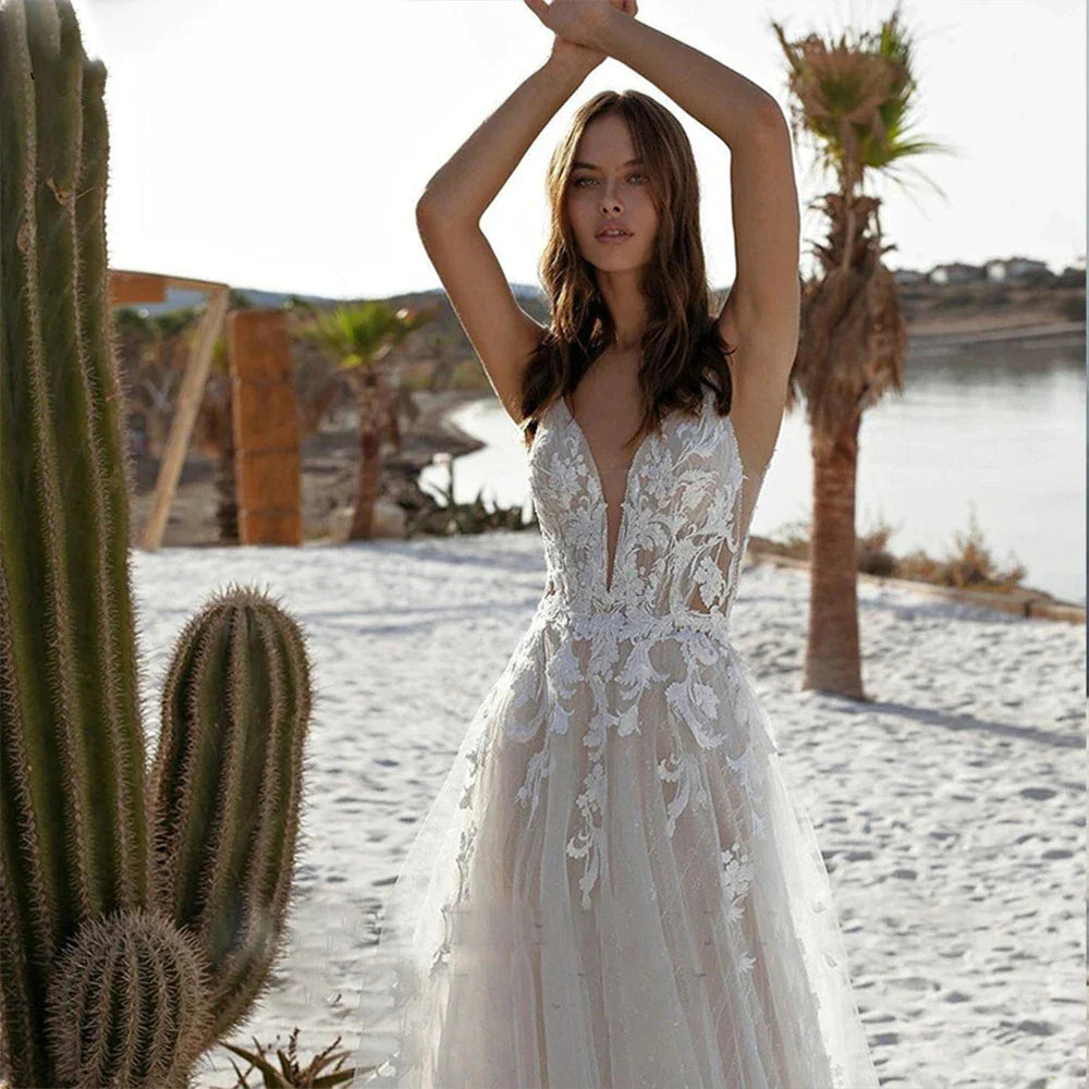 Bohemian Wedding Dresses Women's Sexy Backless Lace Applique Sleeveless V-Neck A-Line Princess Bridal Gowns Formal Beach Party-payinti