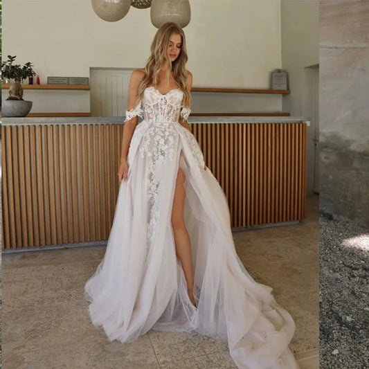 Bohemian Wedding Dresses Women's Sexy and Elegant Side High Split Tulle Lace Applique Off Shoulder Princess Bridal Gowns De-payinti