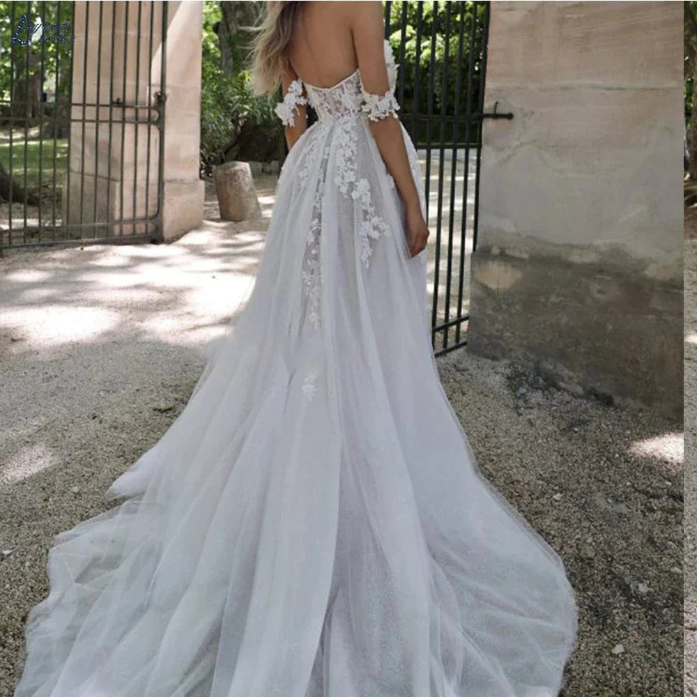 Bohemian Wedding Dresses Women's Sexy and Elegant Side High Split Tulle Lace Applique Off Shoulder Princess Bridal Gowns De-payinti
