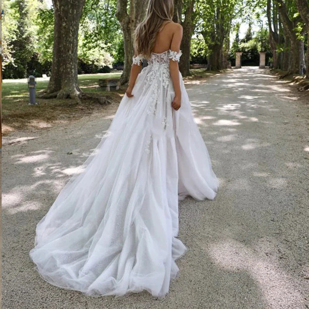 Bohemian Wedding Dresses Women's Sexy and Elegant Side High Split Tulle Lace Applique Off Shoulder Princess Bridal Gowns De-payinti