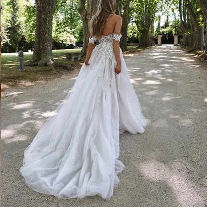 Bohemian Wedding Dresses Women's Sexy and Elegant Side High Split Tulle Lace Applique Off Shoulder Princess Bridal Gowns De-payinti