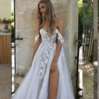 Bohemian Wedding Dresses Women's Sexy and Elegant Side High Split Tulle Lace Applique Off Shoulder Princess Bridal Gowns De-payinti