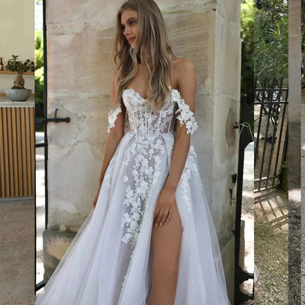 Bohemian Wedding Dresses Women's Sexy and Elegant Side High Split Tulle Lace Applique Off Shoulder Princess Bridal Gowns De-payinti