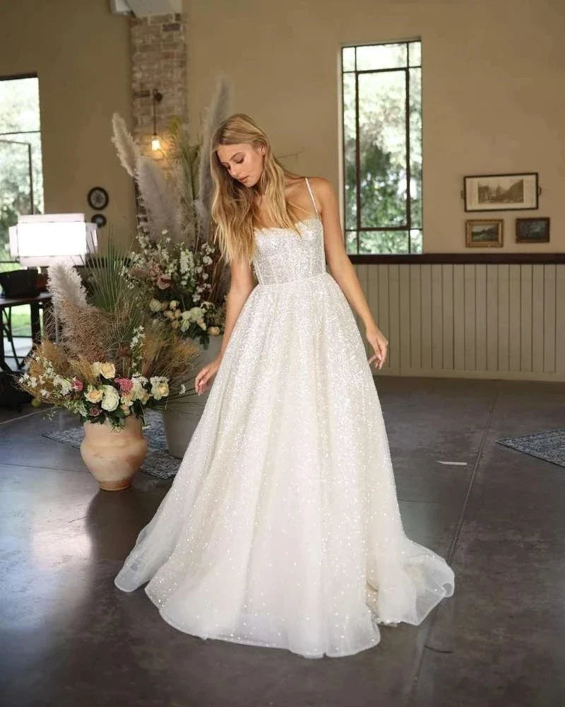 Bohemian Wedding Gowns A-Line Women's Sweetheart Bridal Dresses Sexy Sleeveless Sparkling Tulle Robe Vestidos Fiesta فستان-payinti