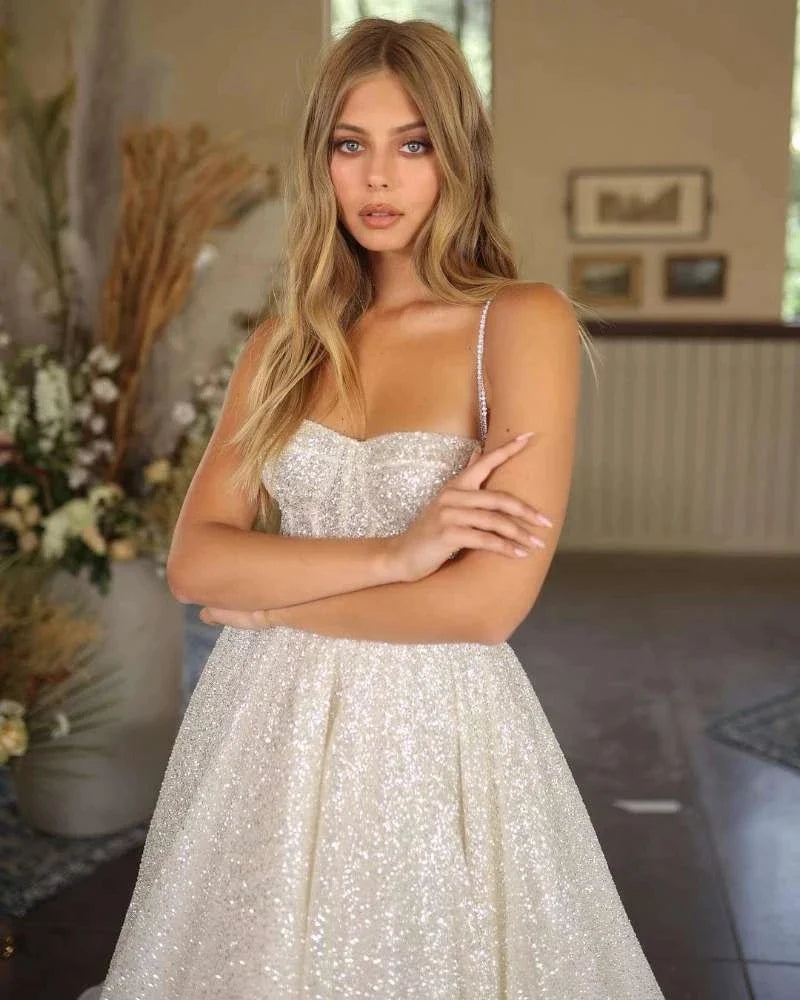 Bohemian Wedding Gowns A-Line Women's Sweetheart Bridal Dresses Sexy Sleeveless Sparkling Tulle Robe Vestidos Fiesta فستان-payinti