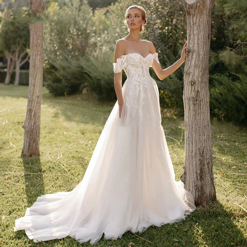 Bohemian Women's Wedding Dresses Sexy Off Shoulder A-Line Sheer Sticker Princess Prom Bridal Gowns Vestidos De Novia Robe-payinti