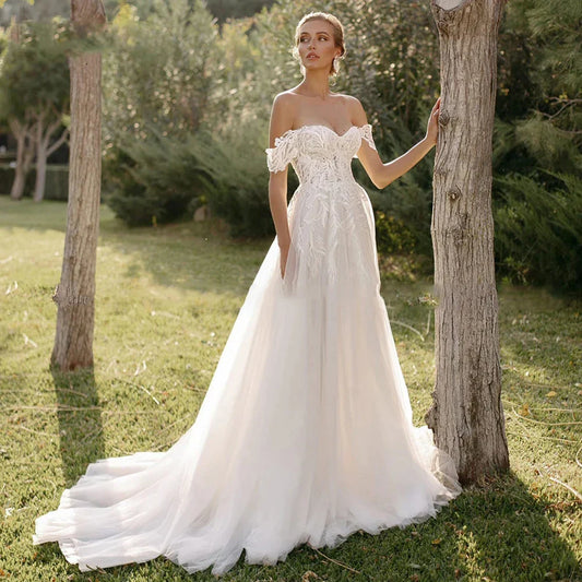 Bohemian Women's Wedding Dresses Sexy Off Shoulder A-Line Sheer Sticker Princess Prom Bridal Gowns Vestidos De Novia Robe-payinti