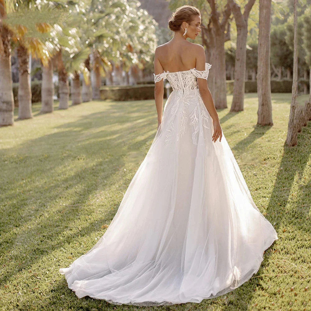 Bohemian Women's Wedding Dresses Sexy Off Shoulder A-Line Sheer Sticker Princess Prom Bridal Gowns Vestidos De Novia Robe-payinti