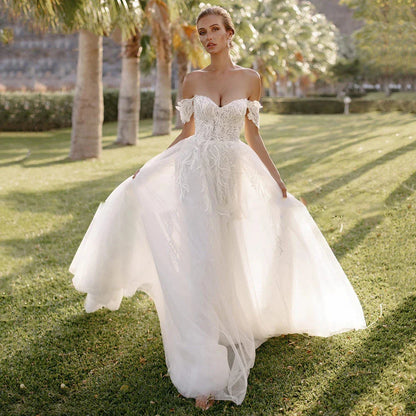 Bohemian Women's Wedding Dresses Sexy Off Shoulder A-Line Sheer Sticker Princess Prom Bridal Gowns Vestidos De Novia Robe-payinti