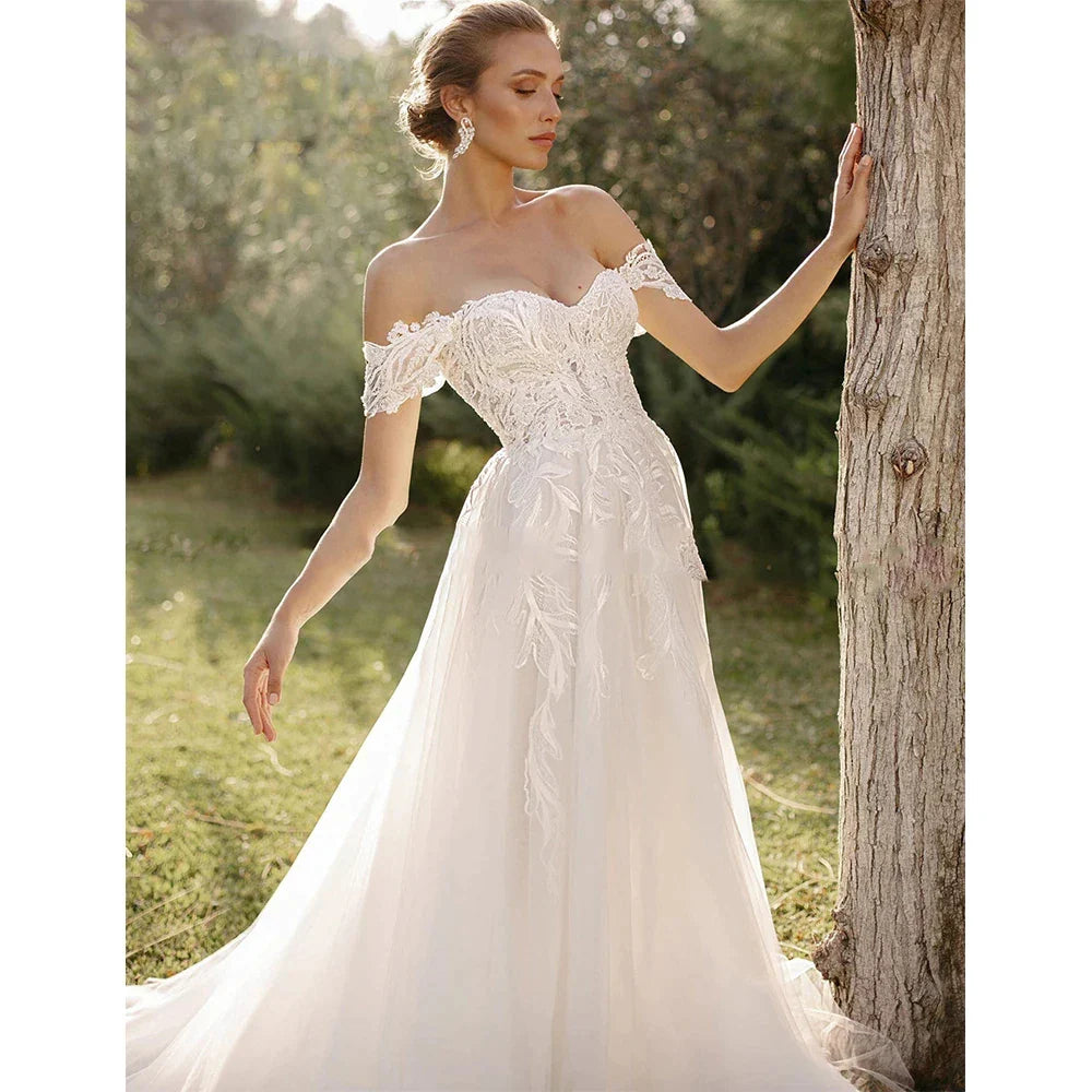 Bohemian Women's Wedding Dresses Sexy Off Shoulder A-Line Sheer Sticker Princess Prom Bridal Gowns Vestidos De Novia Robe-payinti