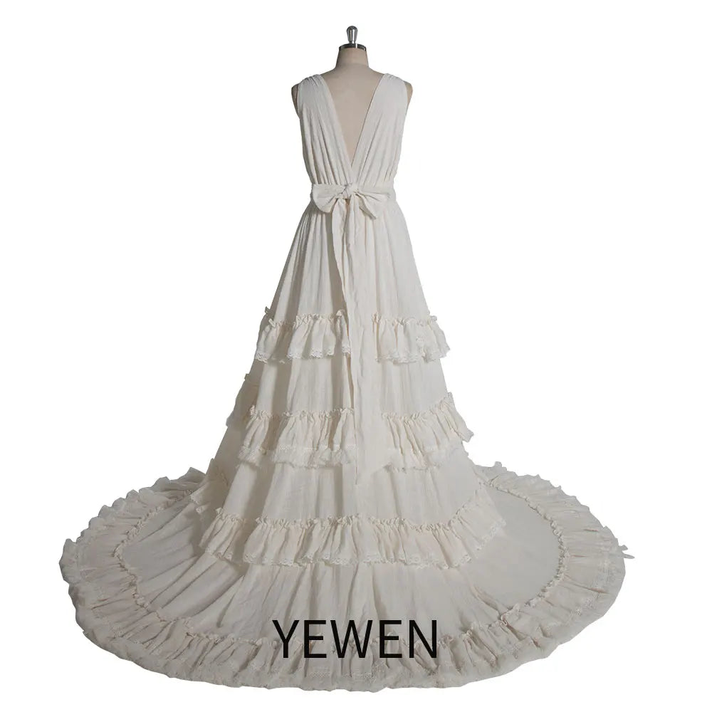 Boho Chic Cotton Layered Ruffles Sleeveless Maxi Dress Maternity Photo Shoot Outfit Pregnancy Shooting Dresses YEWEN SY240086
