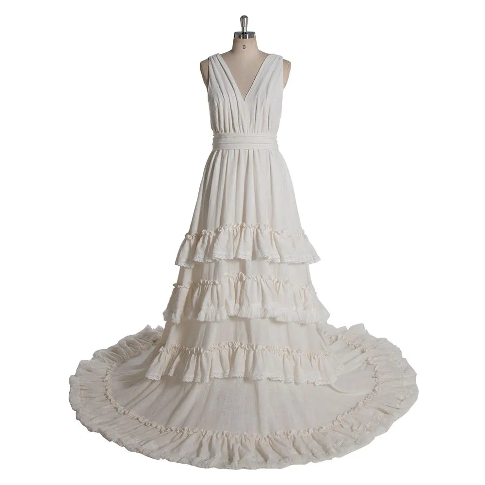 Vestido largo bohemio chic de algodón con volantes en capas, sin mangas, para sesión de fotos de maternidad, vestidos para sesión de fotos de embarazo YEWEN SY240086 