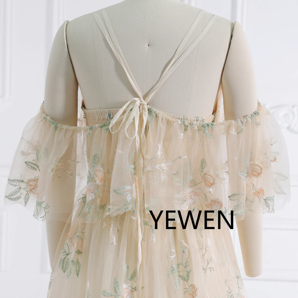 Vestido de maternidad bohemio chic con encaje bordado y tul para sesión fotográfica SY231158 