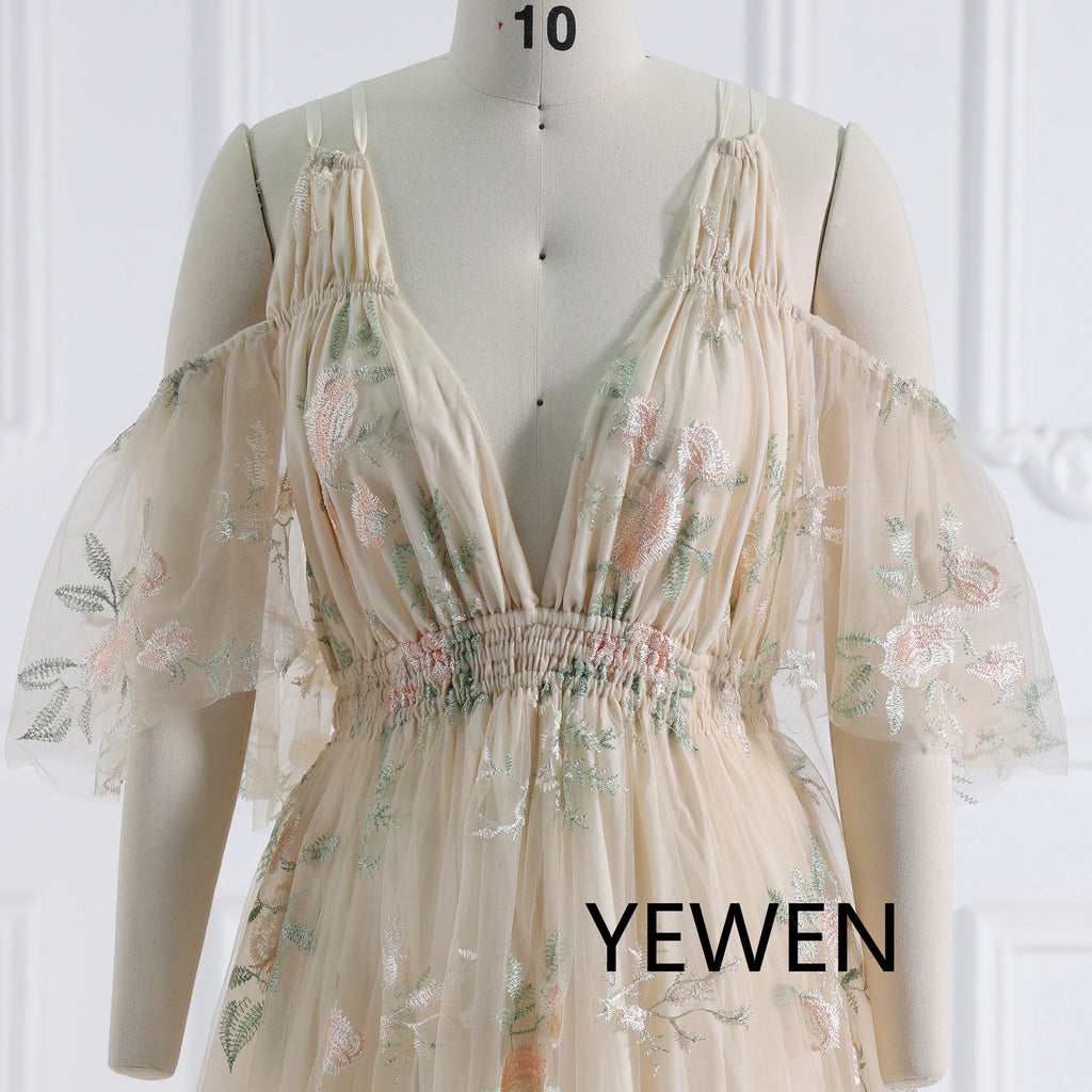 Vestido de maternidad bohemio chic con encaje bordado y tul para sesión fotográfica SY231158 