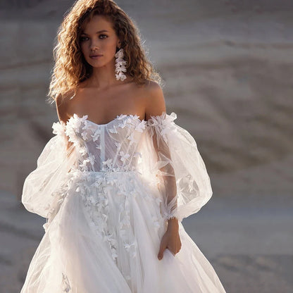 Boho Detachable Off Shoulder Long Puff Sleeves Wedding Dress Sweetheart Appliques Vestido De Noiva A Line Vestidos De Novia-payinti