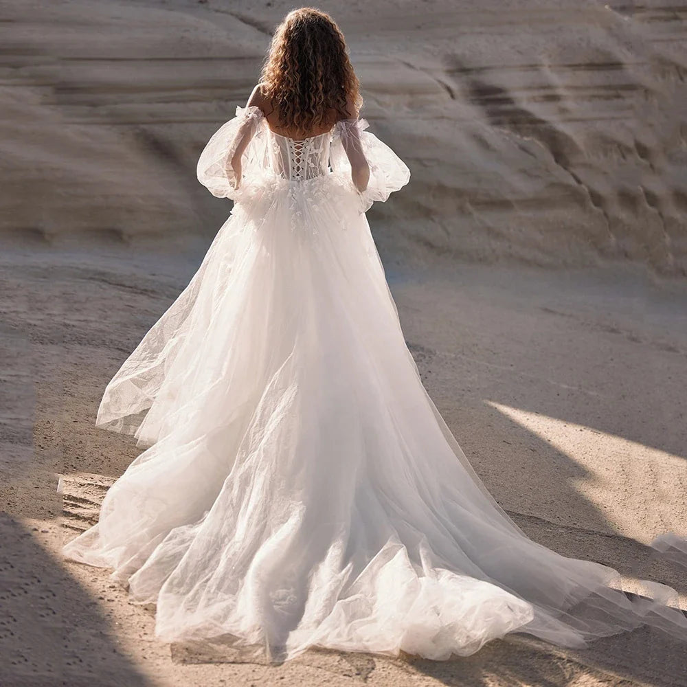 Boho Detachable Off Shoulder Long Puff Sleeves Wedding Dress Sweetheart Appliques Vestido De Noiva A Line Vestidos De Novia-payinti